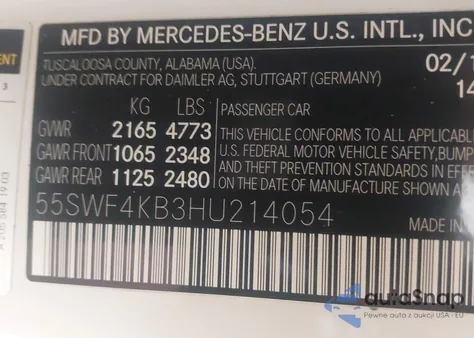 2017 Mercedes-Benz C 300 4Matic/Luxury 4Matic/Sport 4Matic from USA, damaged, VIN 55SWF4KB3HU214054